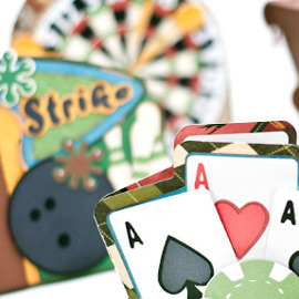 Do you have someone in your life who loves throwing darts, shooting pool, playing poker or bowling?  This kit is full of so many cards and bags and boxes, your head will be spinning like a roulette wheel!  Make bowling party invitations, birthday cards and favors, Father's Day projects and "girl it up" in pink for the ladies you know who love bowling or poker, etc.  You can even use the individual elements on scrapbook pages or other creative projects.